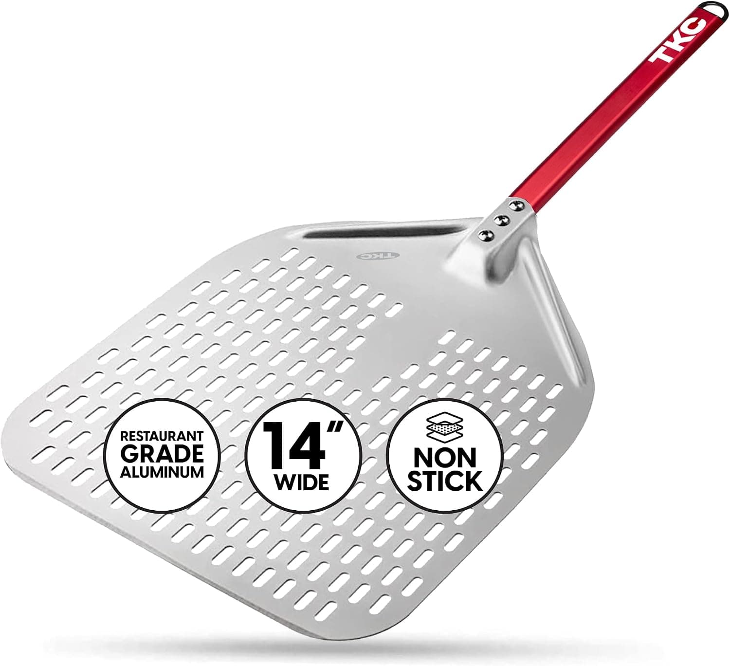 TKC 14" Perforated Pizza Peel - 31 Inch Long Handle Perforated Aluminium Pizza Paddle, Commercial Grade