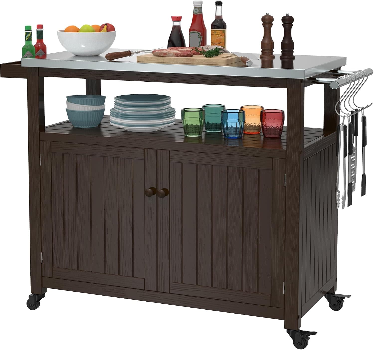 GDLF Outdoor Storage Cabinet Solid Wood Prep Grill Table with Stainless Steel Top, Waterproof Cover, Dark Brown