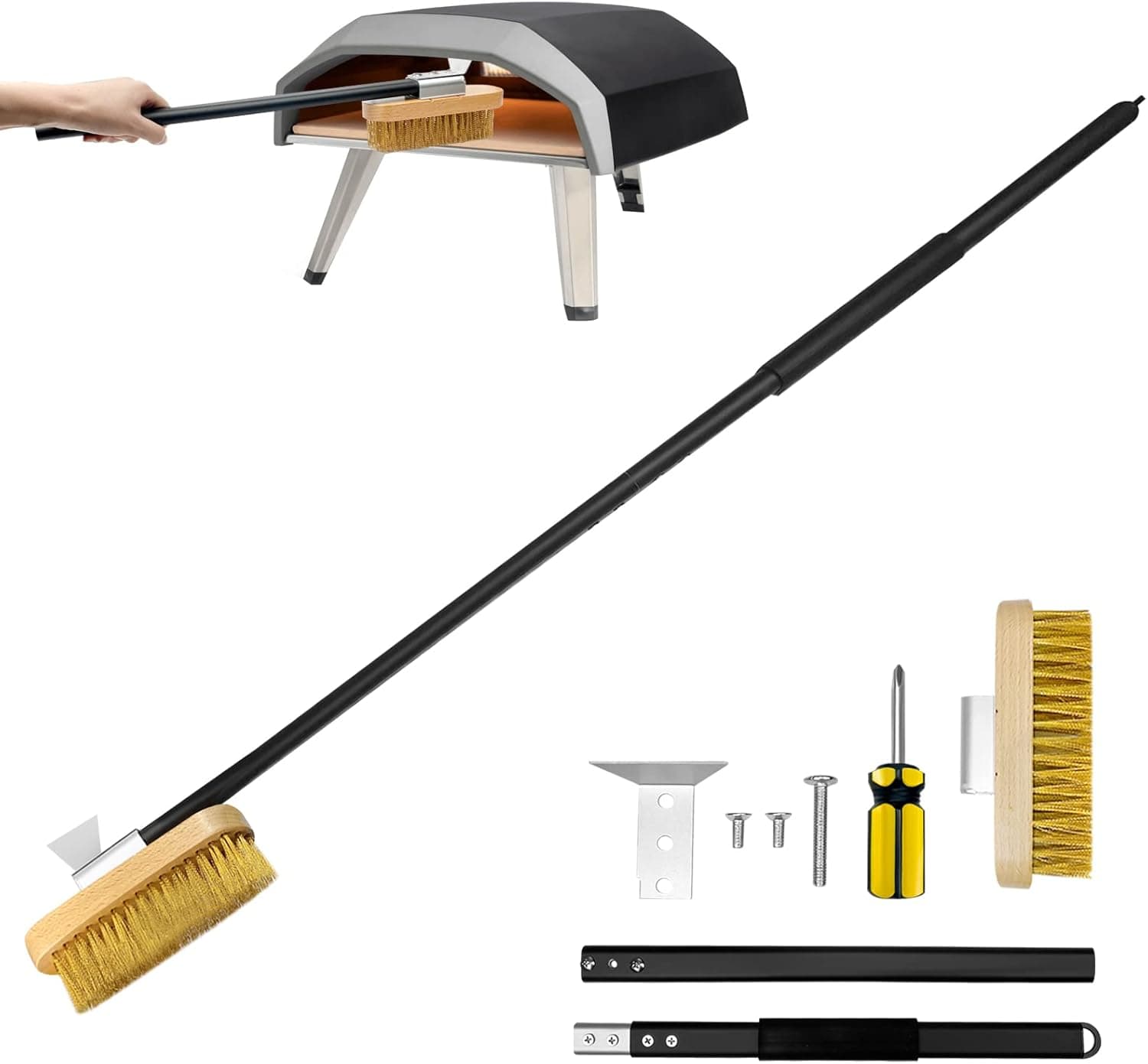 Pizza Oven & Stone Brush Scraper - 32in Long Pizza Stone Cleaning Brush with Detachable Swivel Head
