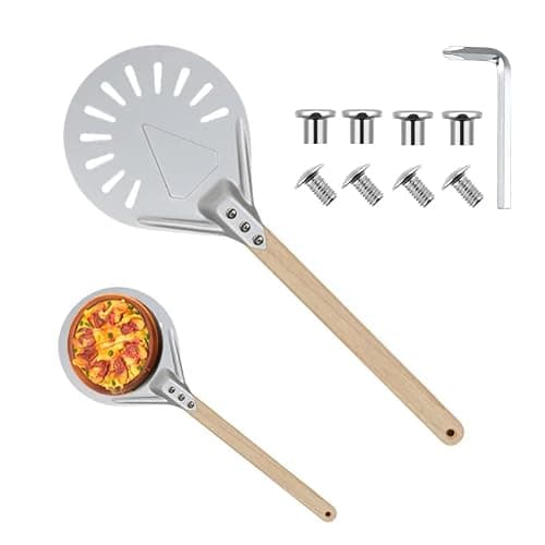 BetterJonny Round Perforated Pizza Peel with Detachable Wood Handle, Aluminum Turning Peel Pizza Paddle Metal Non-slip Perforated Pizza Paddle for Baking（7inch）