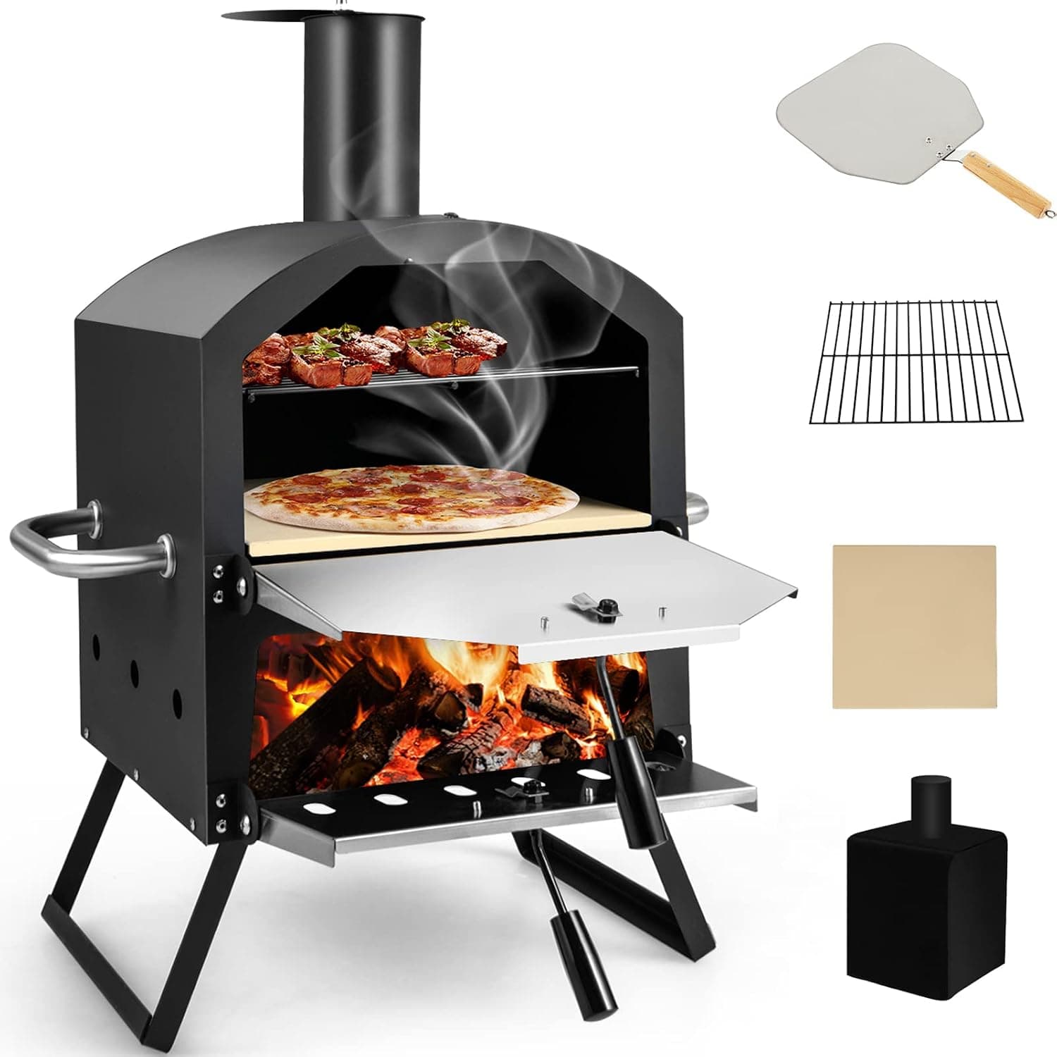 Giantex Outdoor Pizza Oven Wood Fired, 2-Layer Pizza Maker with 12-Inch Pizza Stone, Peel, Waterproof Cover, Folding Legs