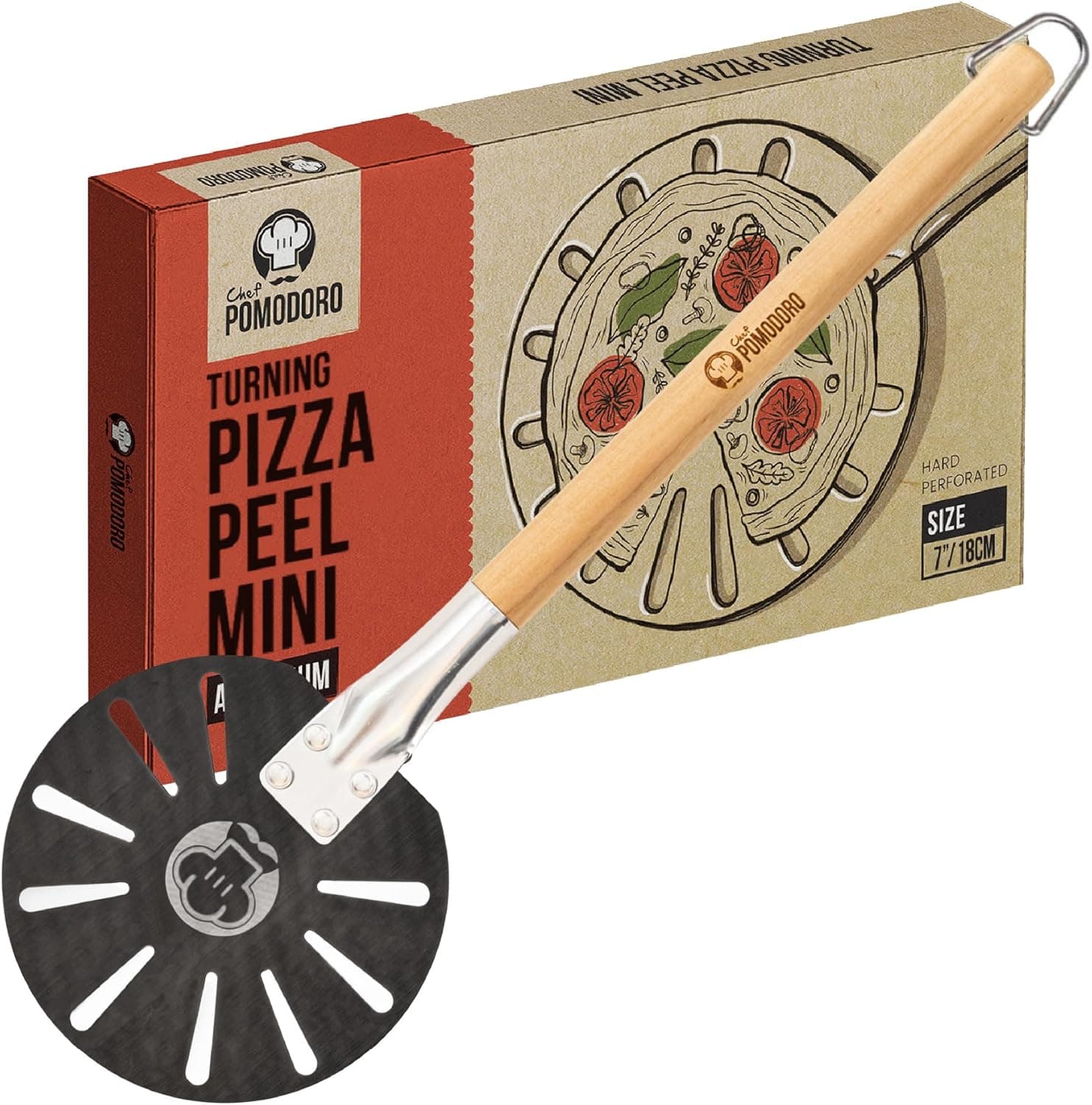 Chef Pomodoro Pizza Turning Peel Aluminium with Wood Handle, Perforated Pizza Peel Turner, 7-Inch