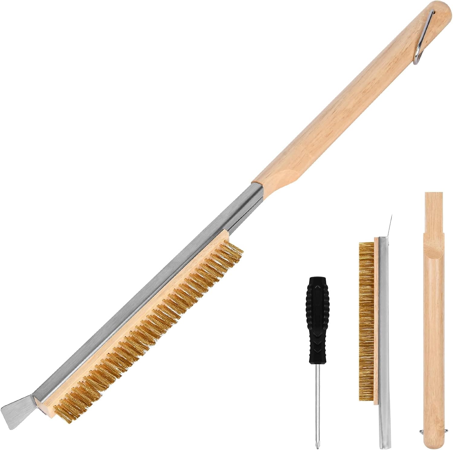 Aolso Pizza Oven Brush, 21in Brush and Stainless Steel Scraper for Pizza Stone, Brass Bristles