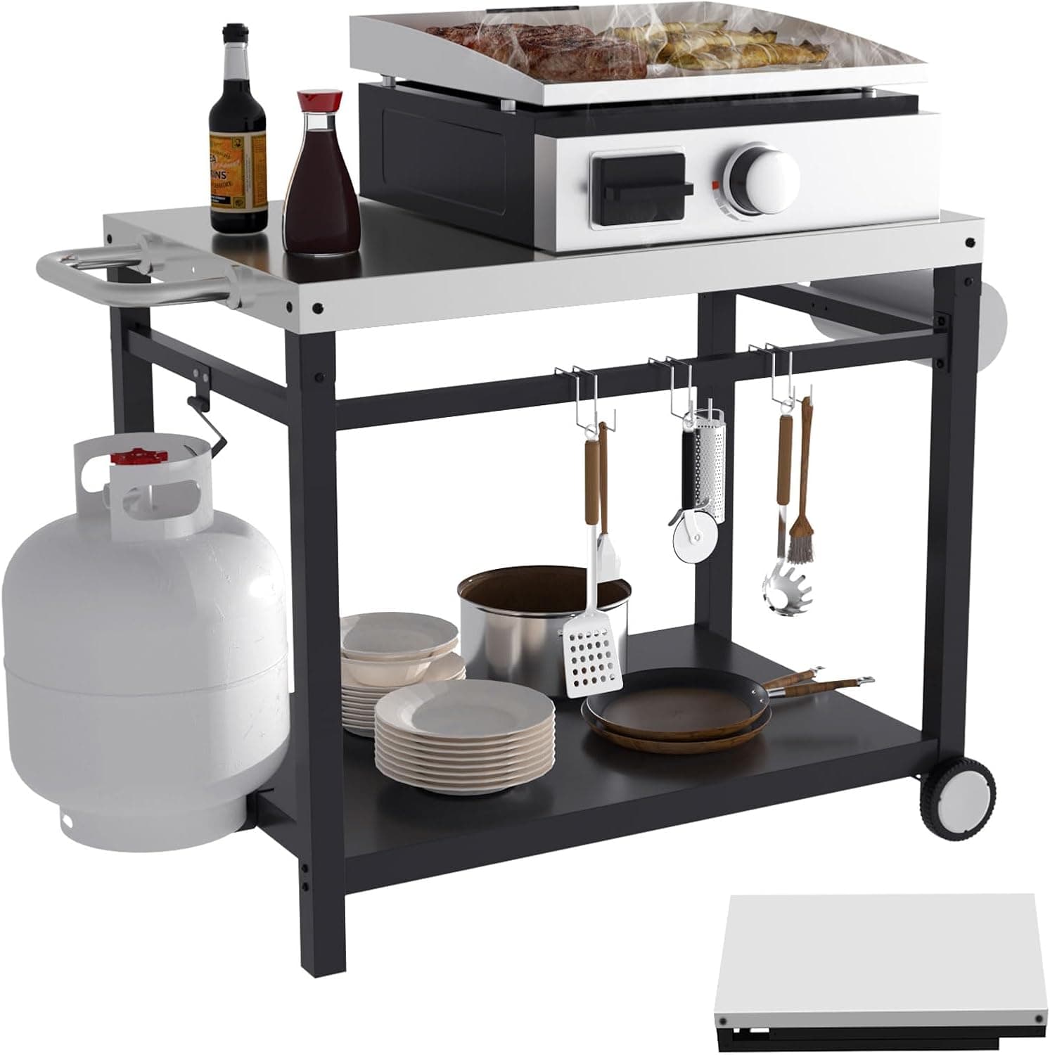 GLOWYE Outdoor Portable Grill Carts, BBQ Foldable Food Prep Cart with Wheels for Blackstone Griddle, Ninja Woodfire Grills, Oven, Double-Shelf Stainless Steel Pizza Oven Table Stand