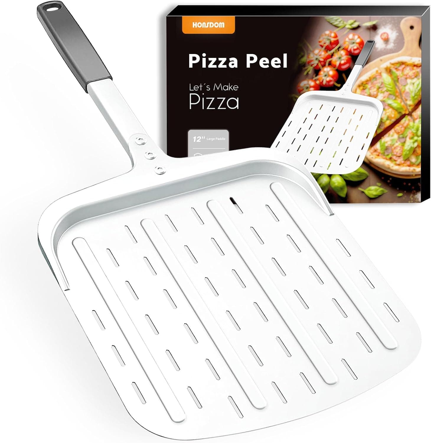 Honsdom Pizza Peel 12 Inch, Aluminum Pizza Paddle (12 x 13.7") with Perforated Design & Heat-Resistant Handle