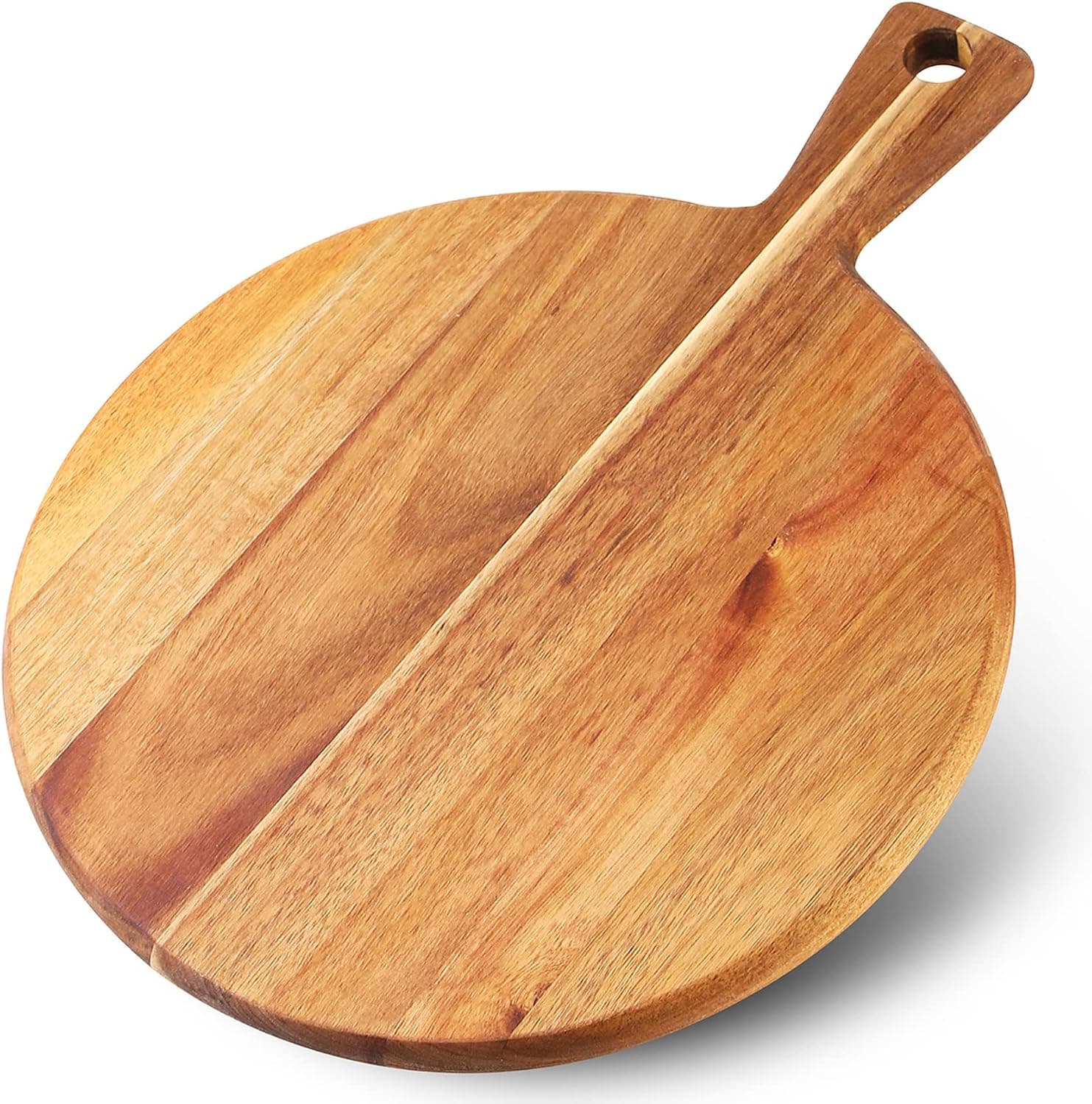 Wood Pizza Peel, 14 Inch Premium Pizza Board with Handle, Lightweight Smooth Wooden Round Cutting Board for Kitchen and Home Baking