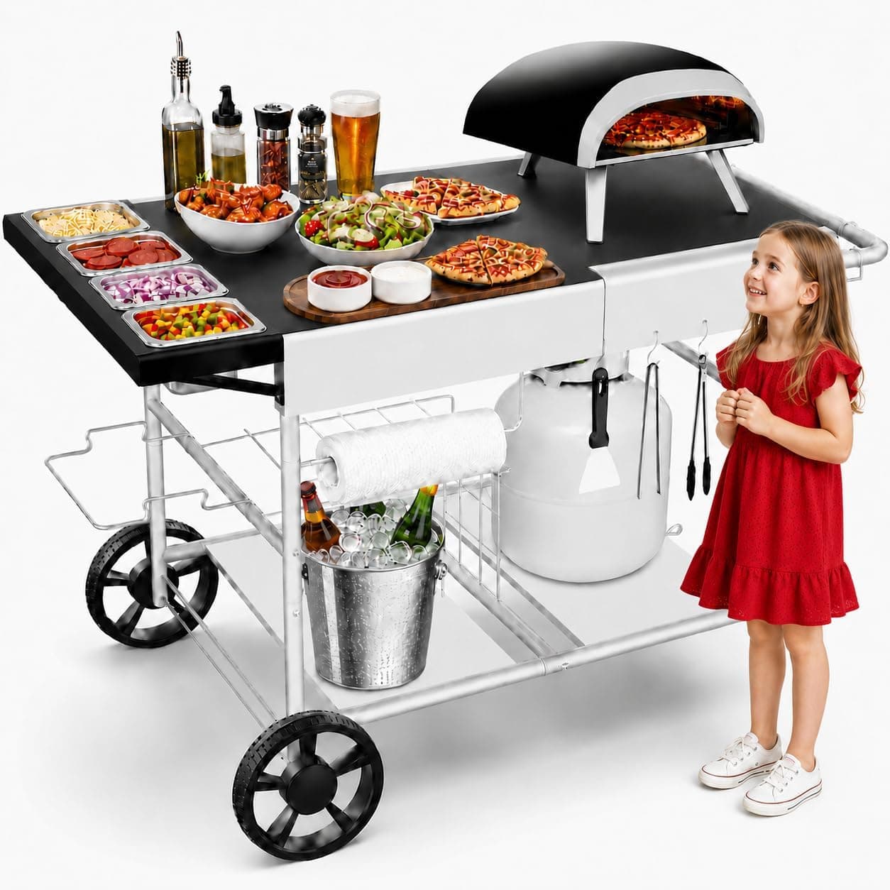 GRILL FORCE Pizza Oven Table with Topping Station, Outdoor Pizza Oven Cart, Grill Table for Outside, Food Prep Work Cart Fits Ninja Woodfire Grill, Blackstone Griddle, Tabletop Grill