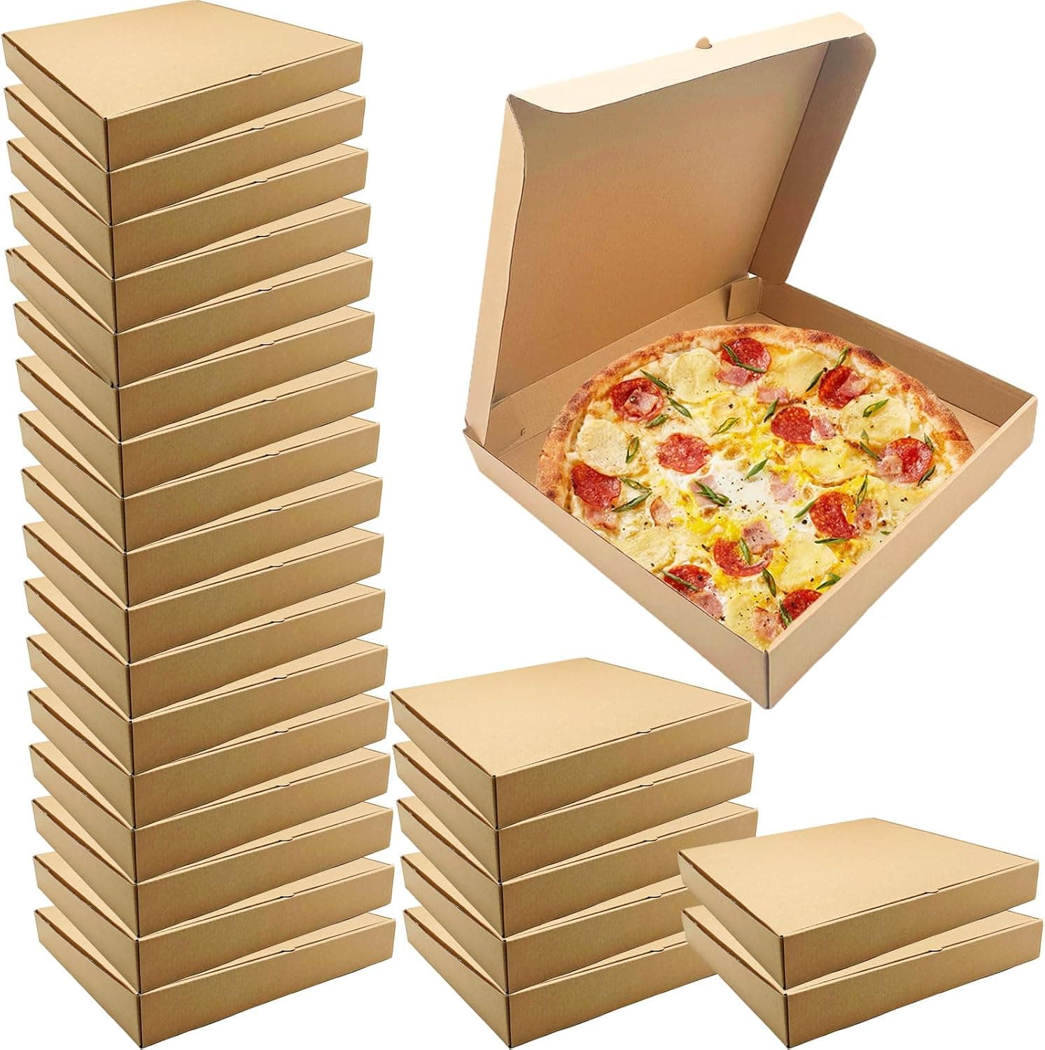 PETIT MANON Large Pizza Boxes, 12 x 12 x 1.77 Inches Cardboard Pizza Boxes, 25 PCS Kraft Corrugated Empty Pizza Boxes for Pizzerias Restaurants Takeout Party Favors
