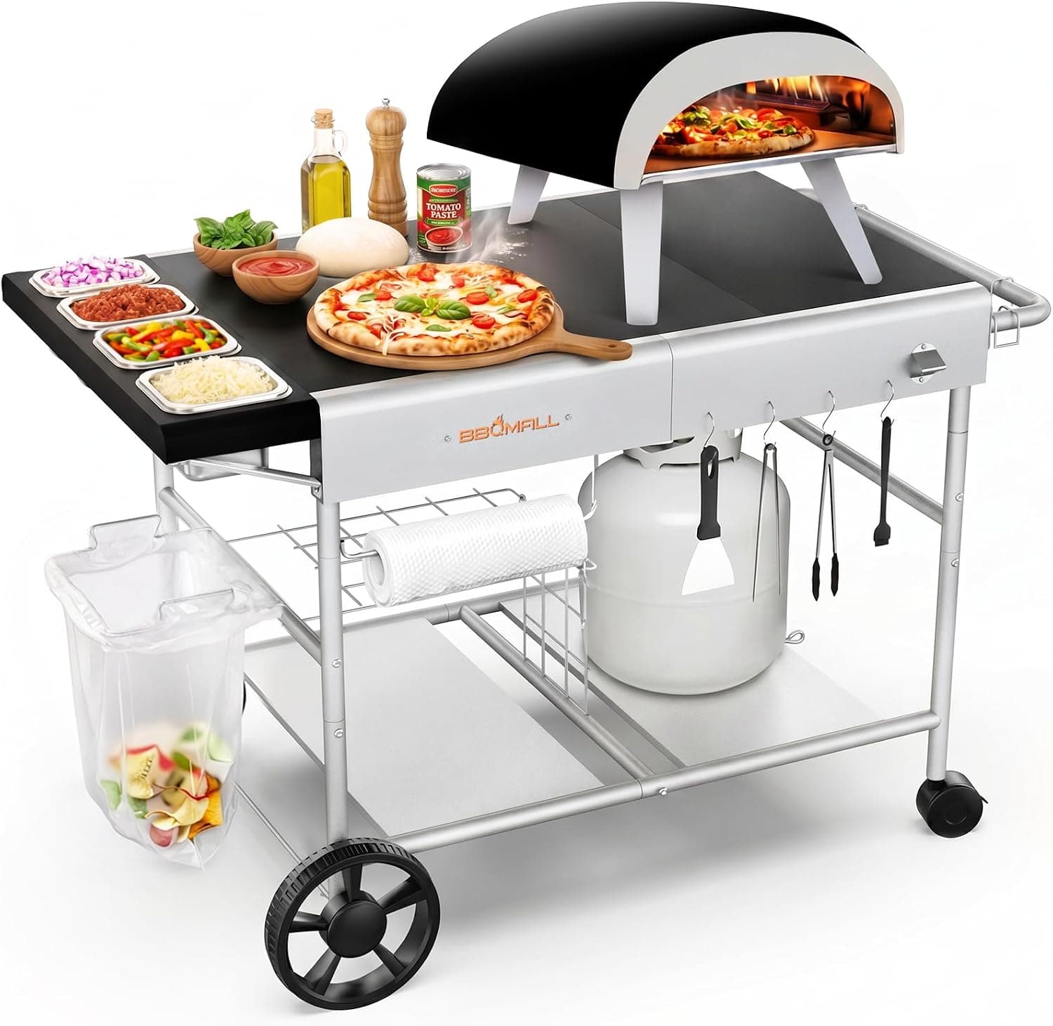 BBQMall Pizza Oven Table Grill Cart with Pizza Topping Station, Outdoor Grill Table Stand for Ninja Woodfire Blackstone Cuisinart