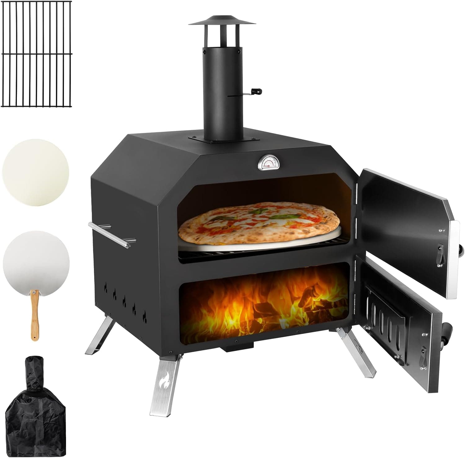 15'' Outdoor Pizza Oven Wood Fired Portable Patio Oven with Pizza Stone, Pizza Peel, Fold-up Legs, Cover, Cooking Rack