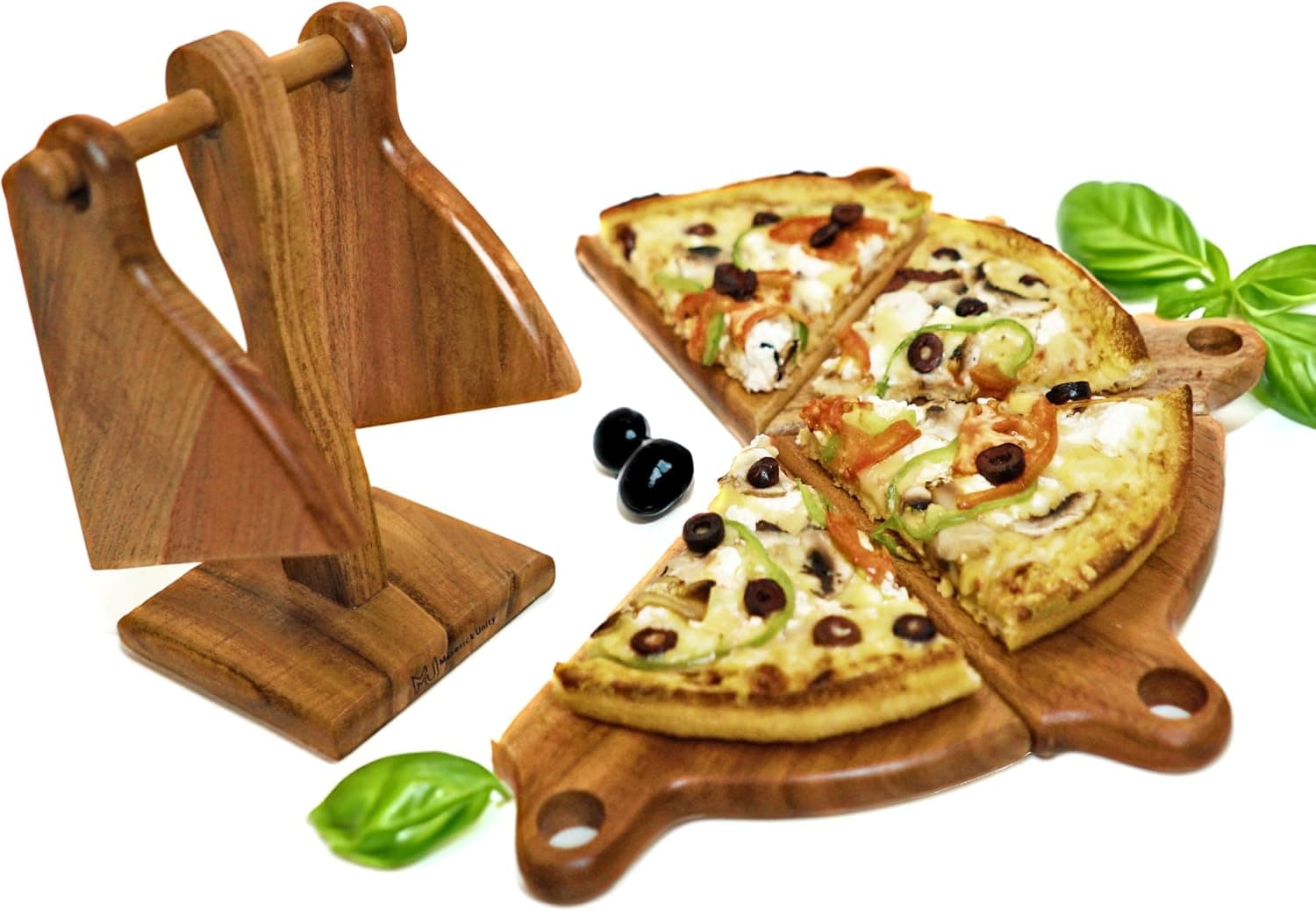 Pizza Serving Plates with Stand - Mini Charcuterie Boards for Elegant Gatherings - 6 Hand Carved Acacia Wood Boards