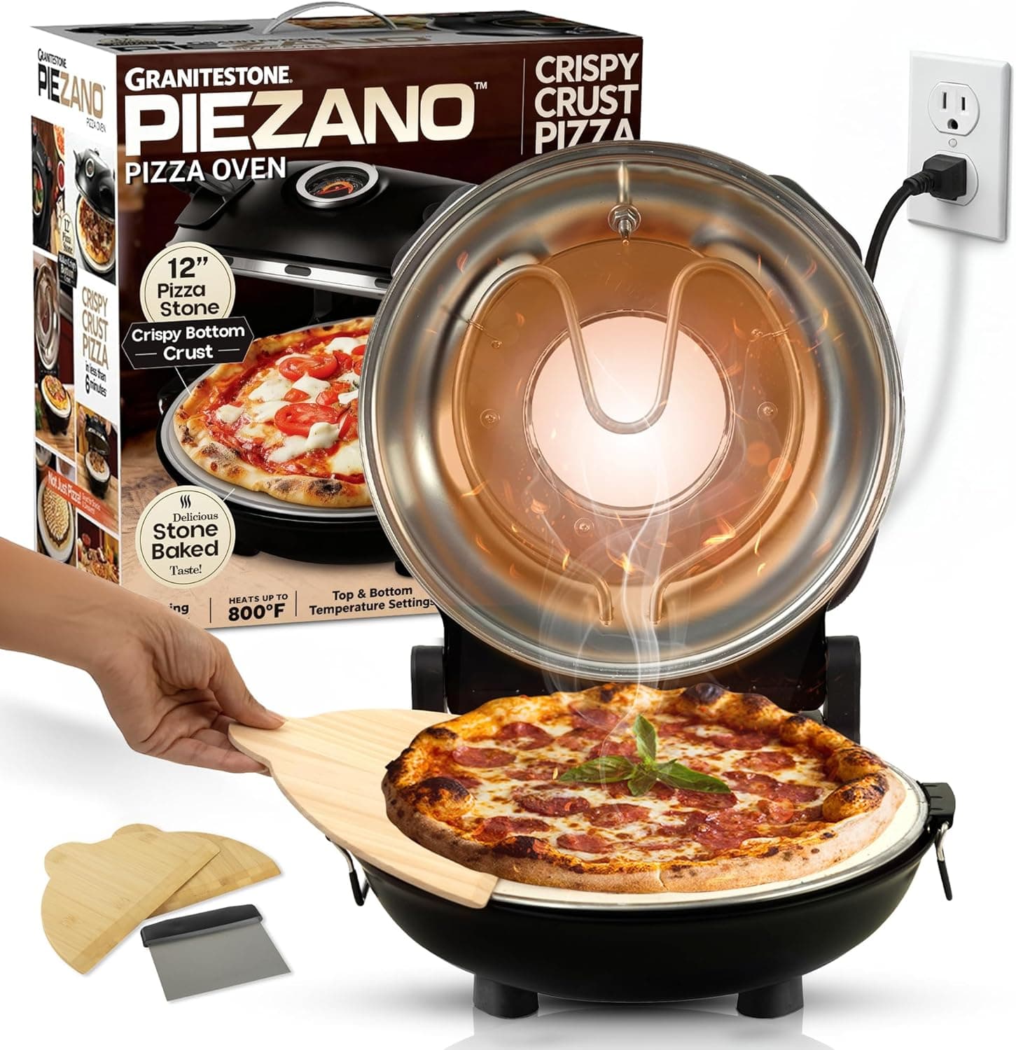 PIEZANO 12" Electric Pizza Oven Indoor Countertop Pizza Maker | Heats to 800F, Ceramic Stone, Dual Heat Controls