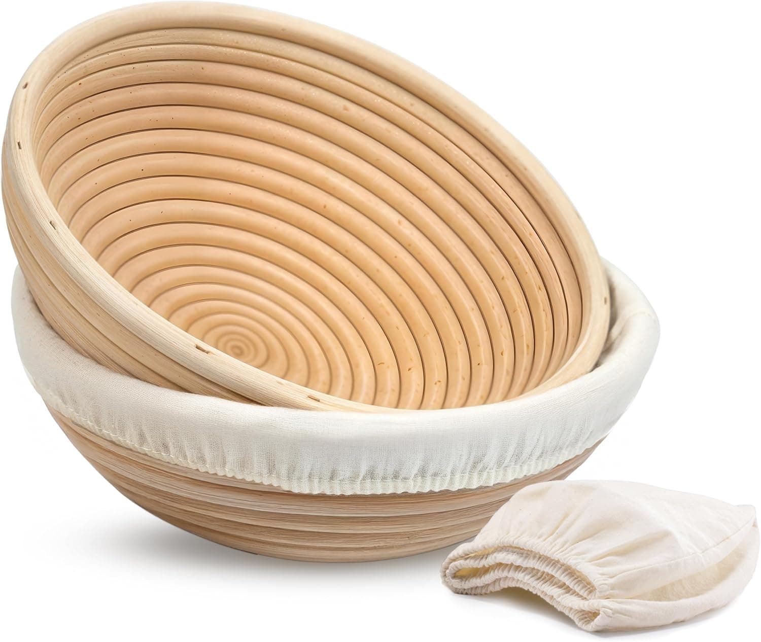 Kook Banneton Bread Proofing Baskets, 9 Inch Handwoven Rattan Baskets and Cloth Liners, Set of 2, Round