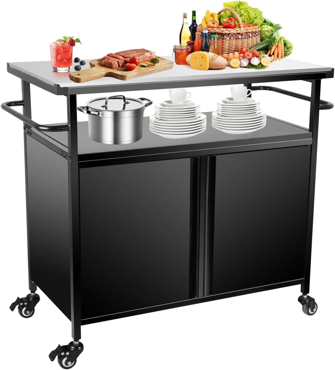 Karpevta Outdoor Grill Cart with Storage, Outdoor Prep Table for Grill, Stainless Steel Grill Cart with Wheels and Handle for BBQ, Patio, Backyard