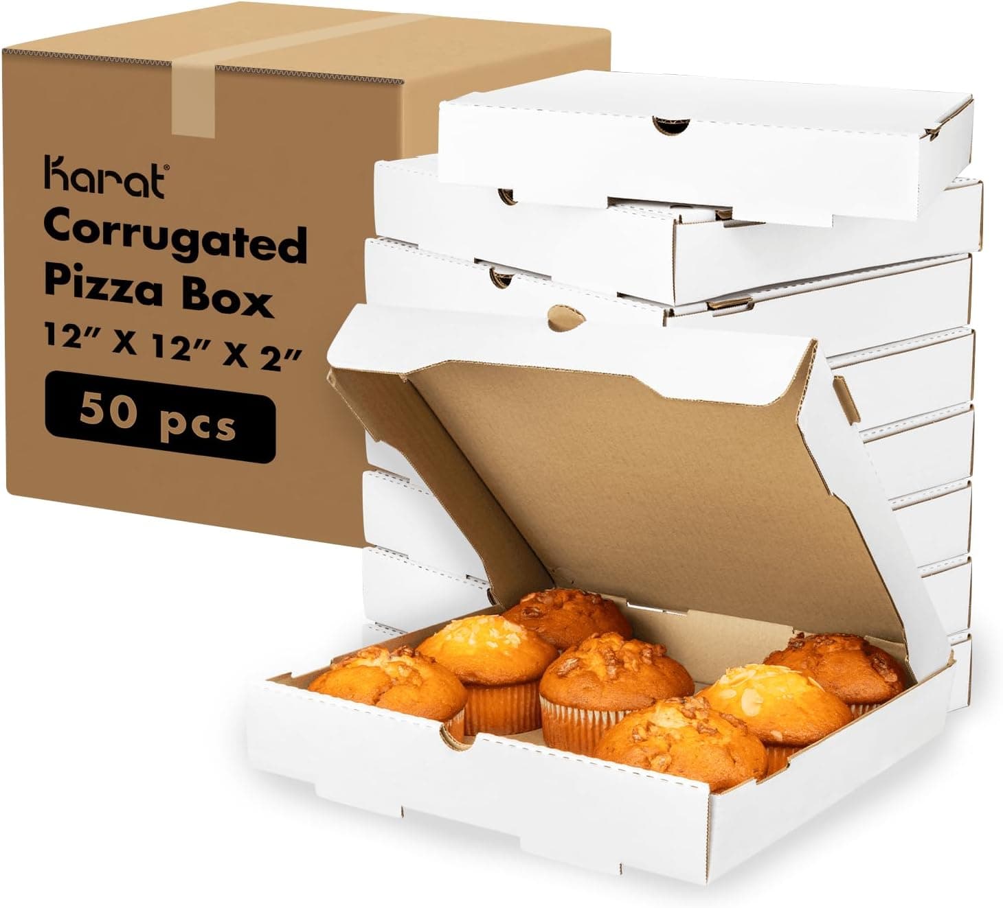 Karat Pizza Boxes 12" x 12" x 2" [50 Pack] White Corrugated Boxes, Ventilated, Grease-Resistant, Durable for Pizza, Catering or Shipping Use