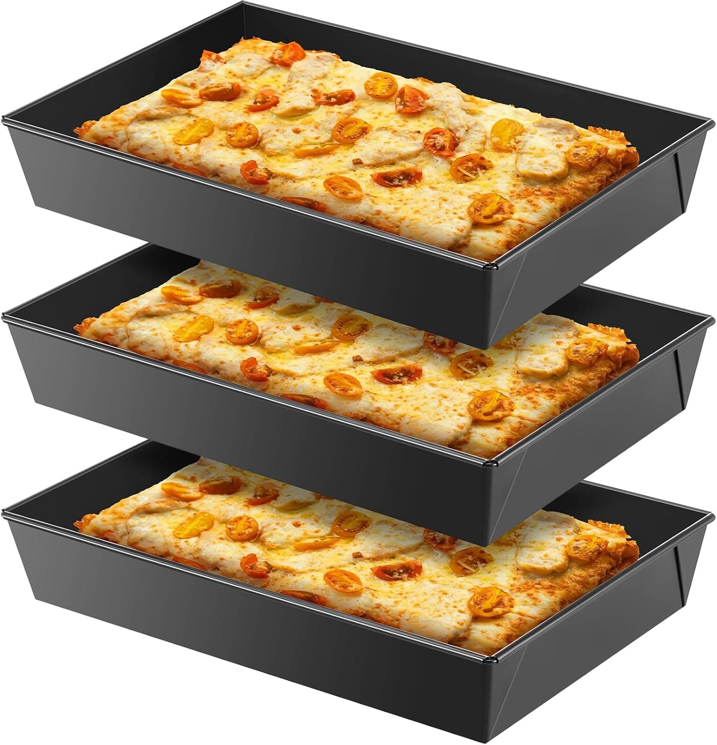RimCereal 3 Pcs Detroit Style Pizza Pan 10 x 14 x 2.36 Inch Non Stick Rectangle Deep Pizza Pans, Pre Seasoned (Black)