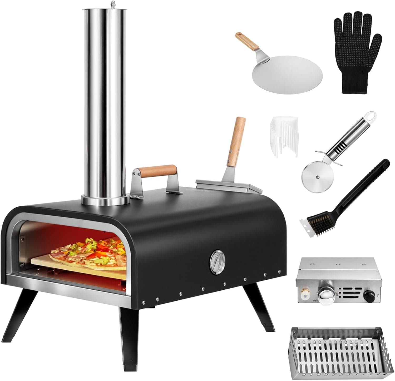 EDOSTORY Outdoor Wood Fired Gas 12'' Pizza Oven Multi-Fuel with Gas Burner, Wood Tray, Oven Gloves, Peel, Cutter