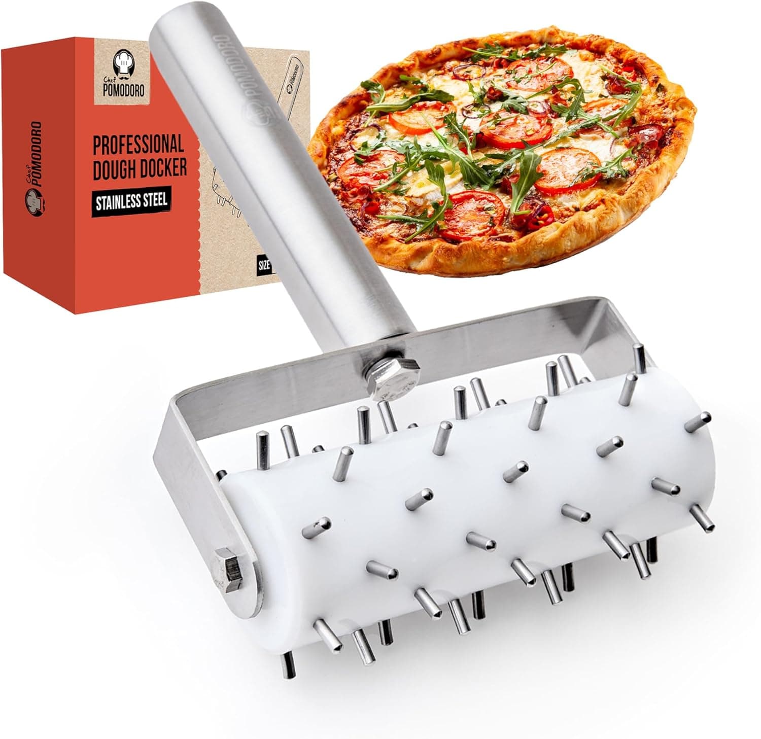 Chef Pomodoro Stainless Steel Pizza Dough Docker Roller (21 x 14.5 cm, Spike Length 7 mm)