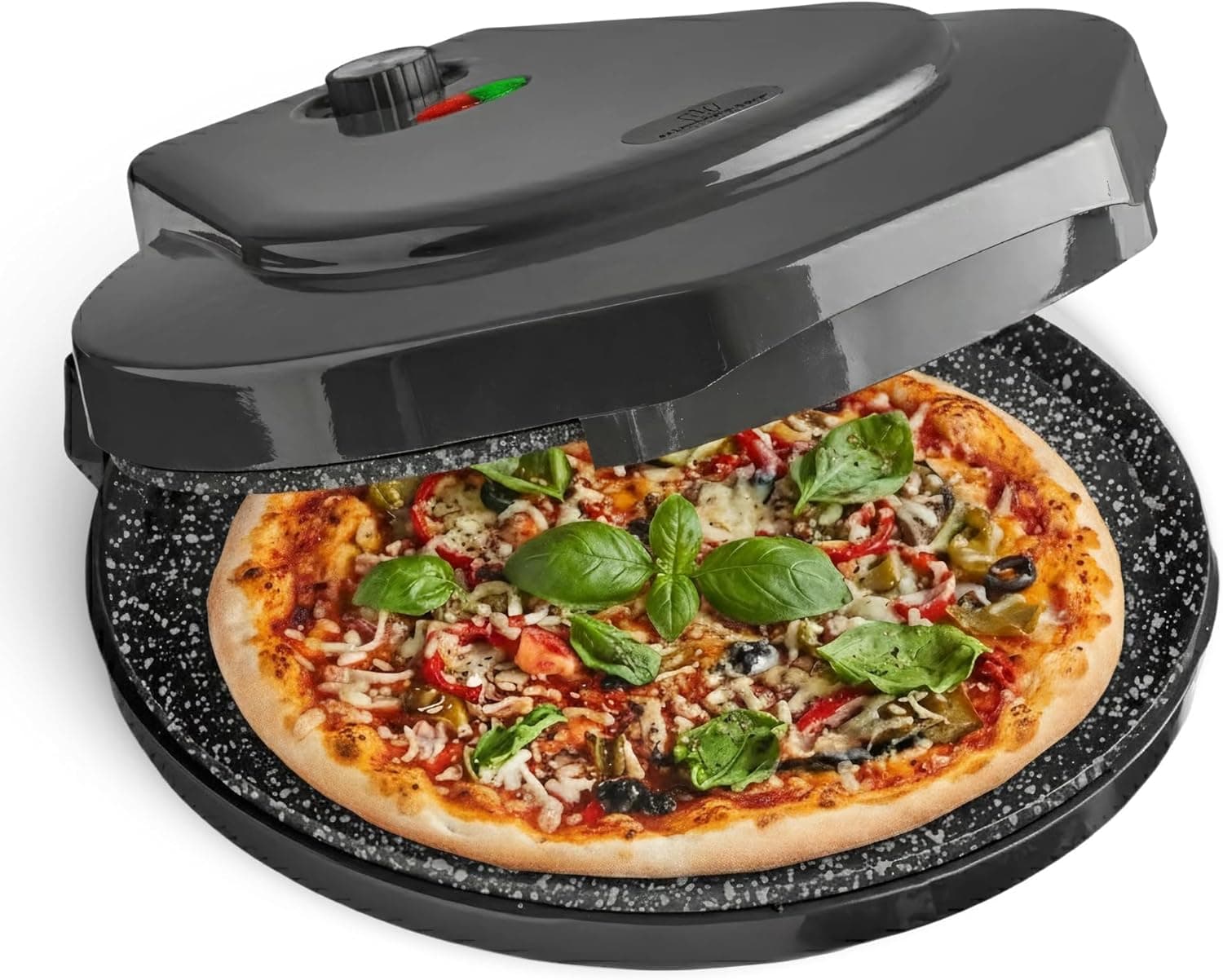 MisterChef Countertop Pizza Maker, 1450W Mini Pizza Oven with 12" Non-Stick Ceramic Plate, Indoor Electric Pizza Oven for Crepes, Pancakes - Black