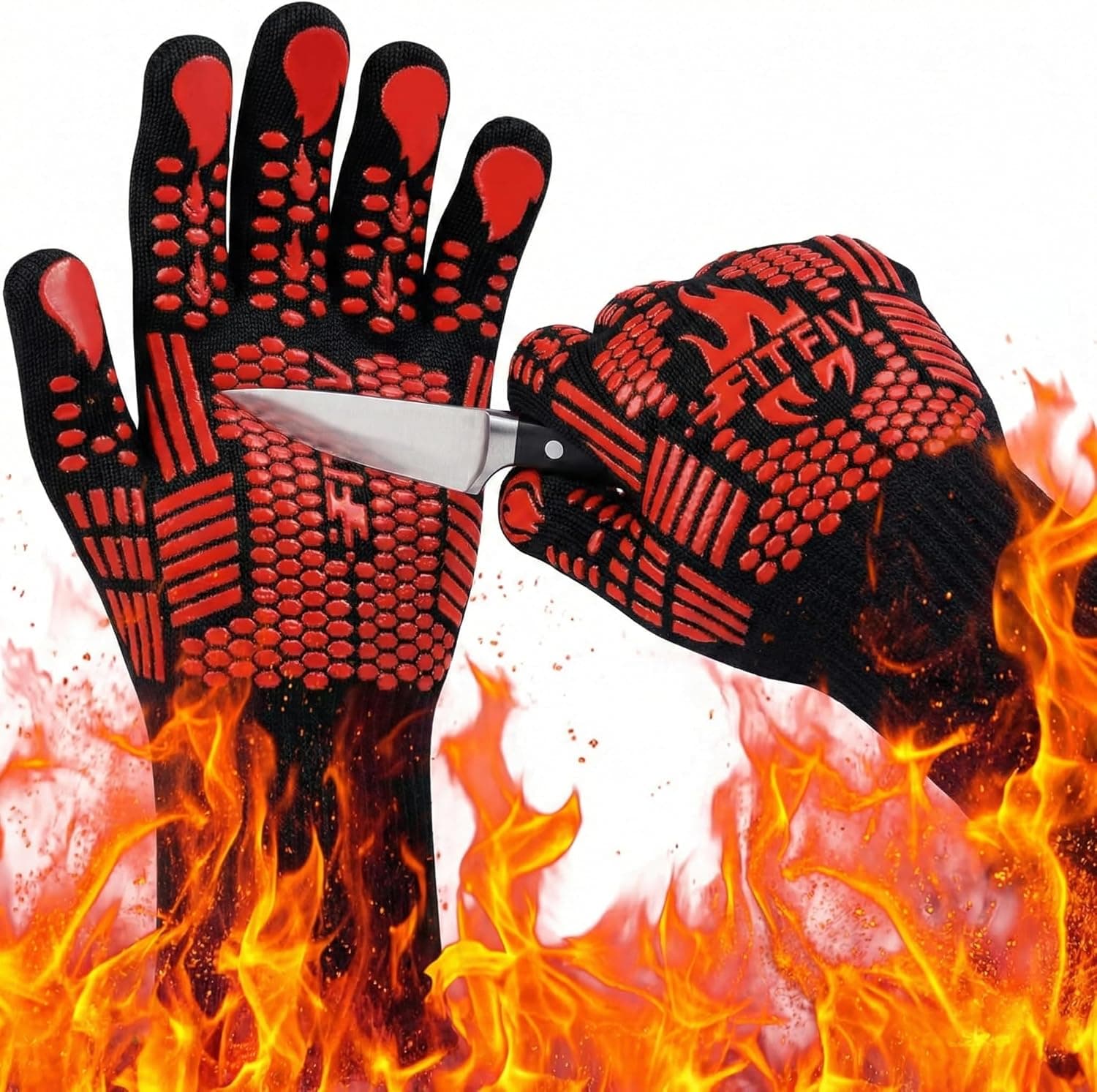 FITFIV BBQ Gloves, 1472F Extreme Heat Resistant Barbecue Gloves, Silicone Non-Slip Oven Mitts