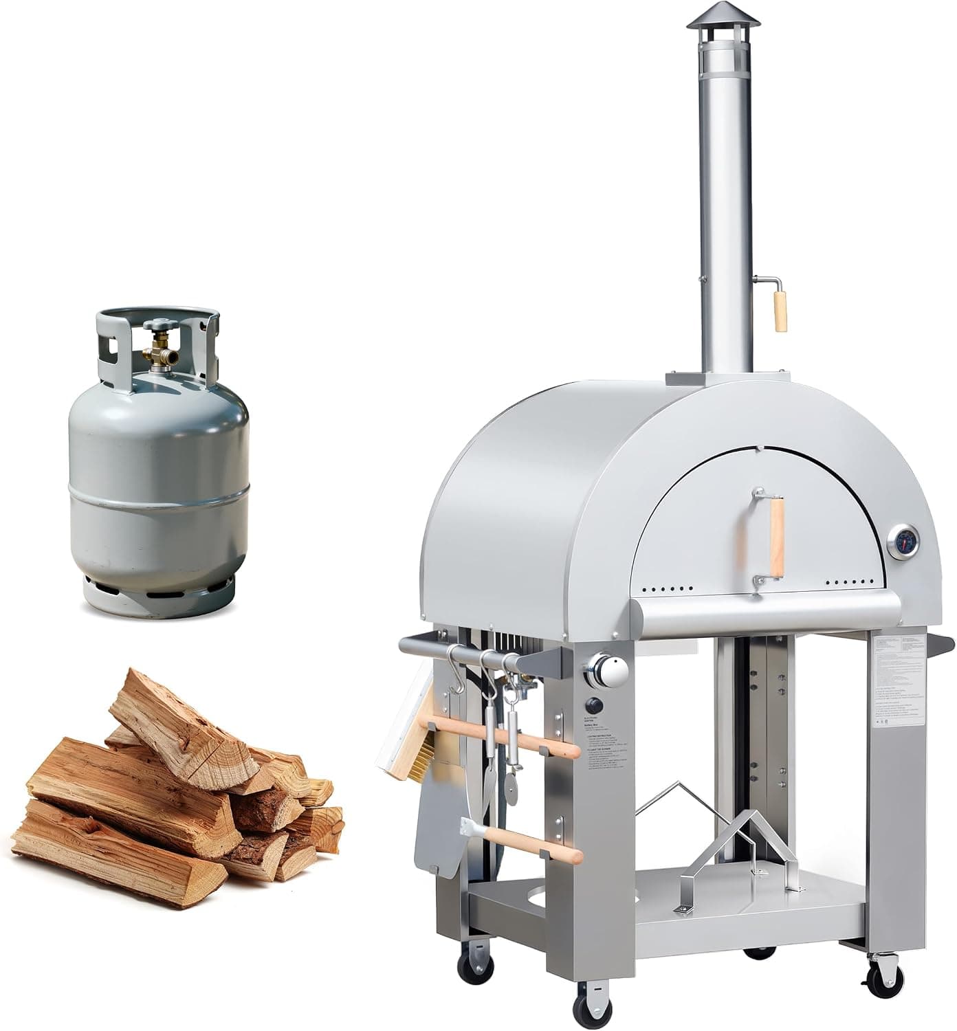 KOSTCH 32.5 inch Wood Fired and Propane Gas Pizza Oven for Outdoor Kitchen in Stainless Steel