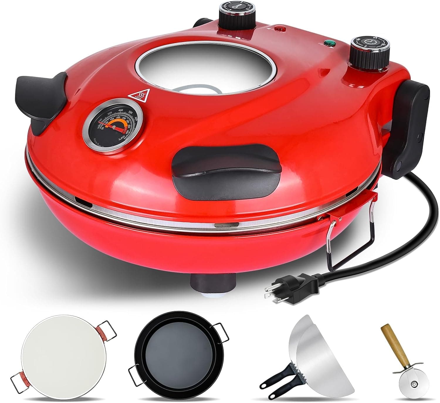 Davivy 12" Electric Pizza Oven Indoor with Pizza Stone & Grill Pan, 2-in-1 Portable Countertop Pizza Oven Heats up to 800F, Red