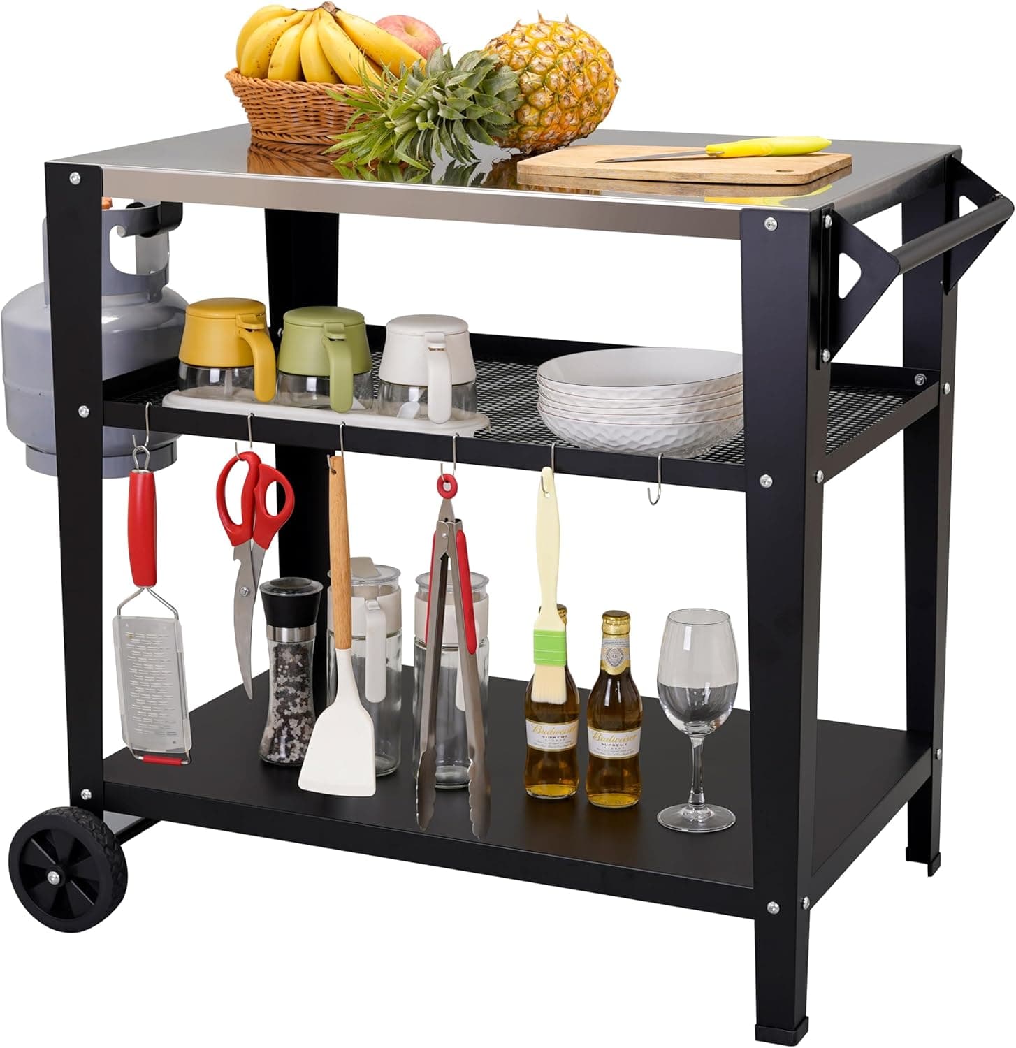 LEETOLLA Stainless Steel Outdoor Grill Cart with Wheels, Heavy-Duty 3-Tier BBQ Prep Table for Pizza Oven, Griddle, Patio - Rustproof Commercial Kitchen Cart with Tool Hooks