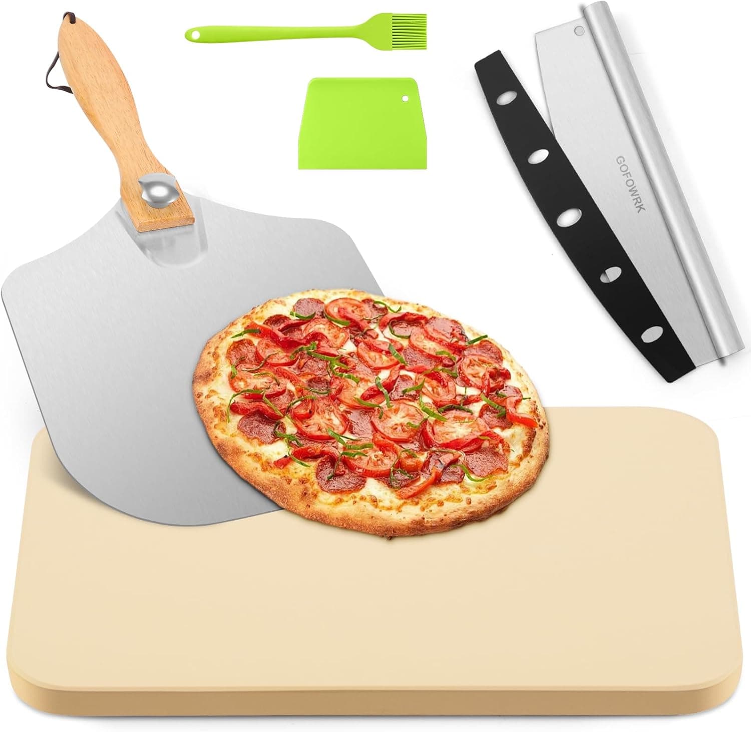 GOFOWRK Pizza Stone 5 PCS Set, 15 x 12" Large Rectangle Pizza Stone Set for Oven and Grill with Metal Pizza Peels & Cutter Rocker, 0.6'' Thickened Stone Pizza Pan