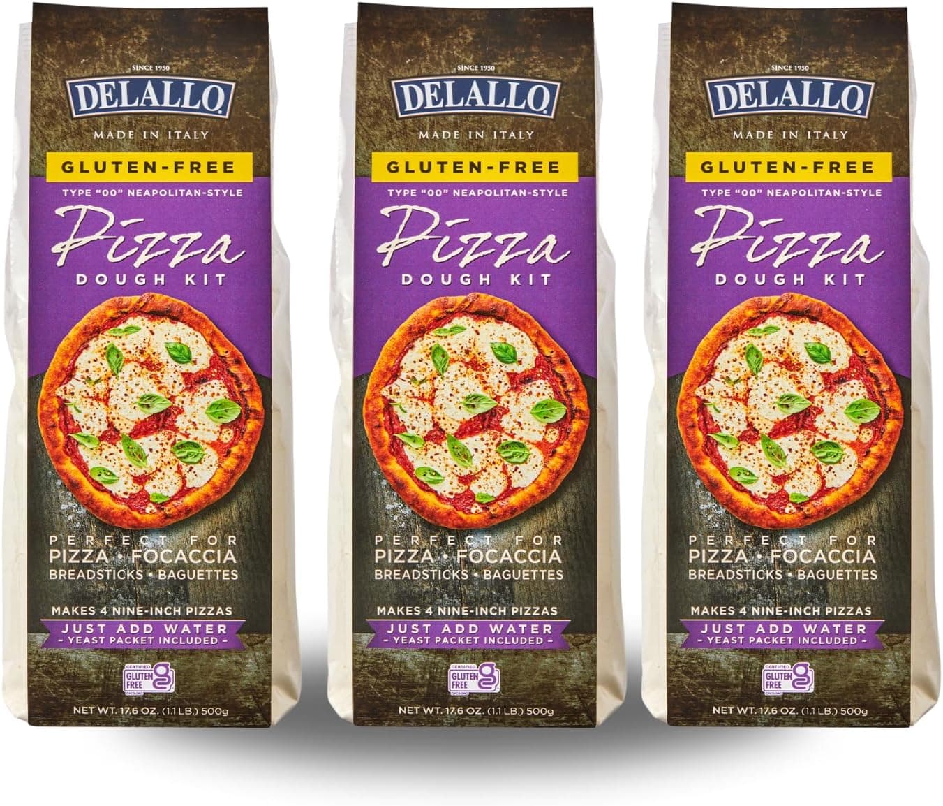 DeLallo Gluten Free Flour Pizza Kit, 17 Oz Bag (3 Pack), All Purpose Pizza Dough Mix, Vegan, Dairy Free
