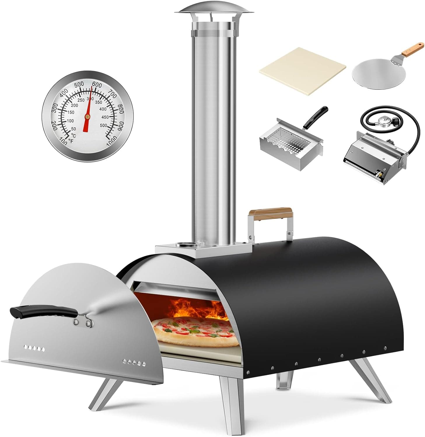 Multi-Fuel Pizza Oven Outdoor, 12" Portable Wood and Gas Fired Pizza Oven with Thermometer, Gas Hose & Pizza Stone, up to 1000F