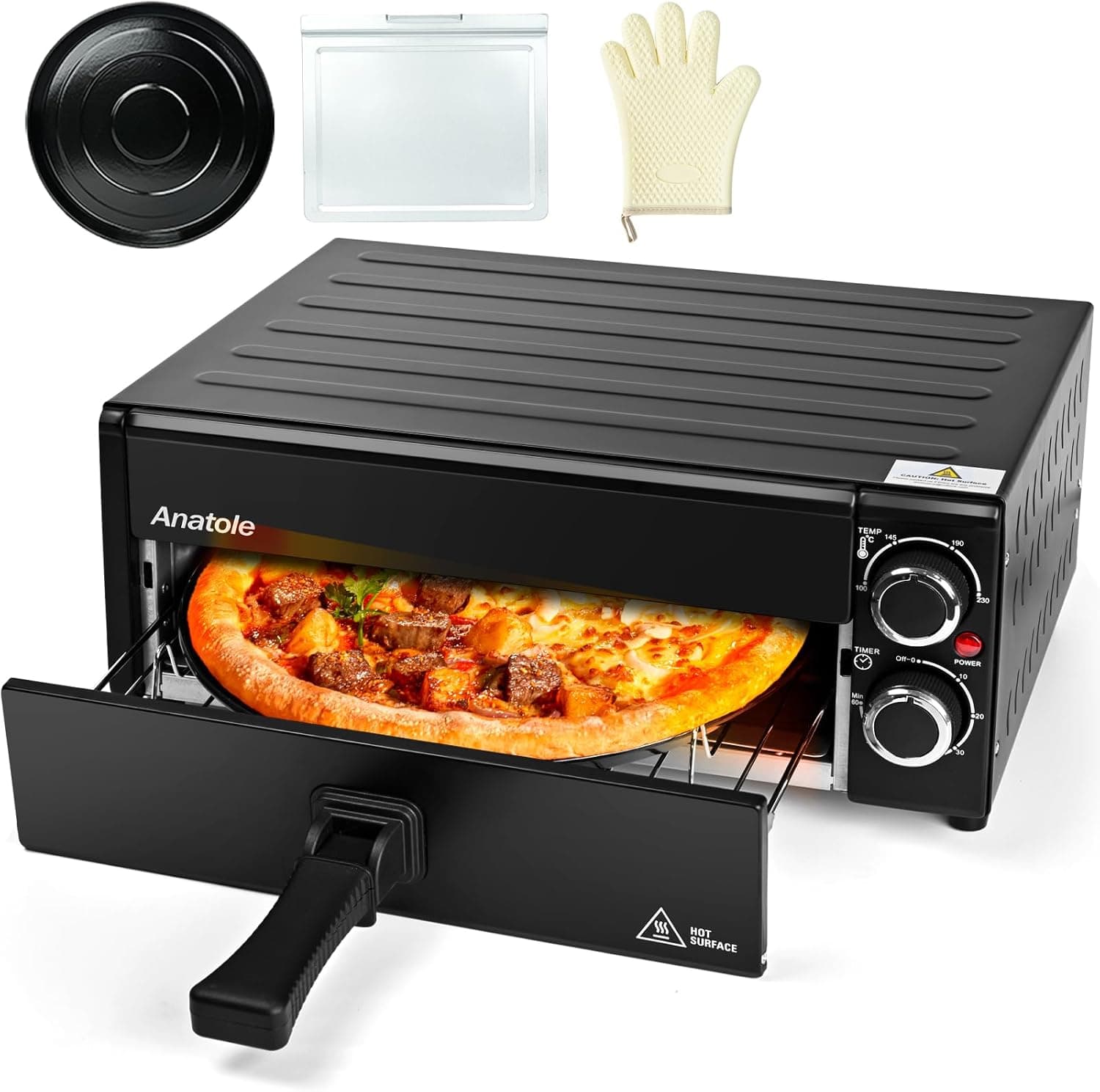 Anatole Electric Pizza Oven 12" 1800W Indoor Countertop Pizza Maker, Time & Temperature Adjustable, ETL Certified