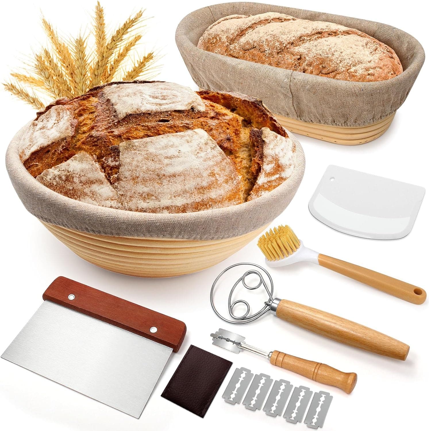 Sourdough Proofing Basket Gift Set, 9 inch Round and 10 inch Oval Banneton with Bread Lame, Danish Whisk, Scrapers and Linen Liner