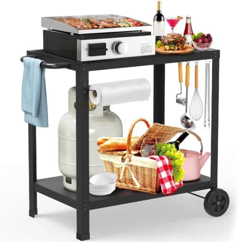 Yozoia Outdoor Grill Table for Blackstone Griddle, Grill Cart with Wheels | Pizza Oven Table for Outside Patio, Portable, for Ninja, Griddle Stand Fit 17” or 22”, Multifunctional, Side Handles & Hooks