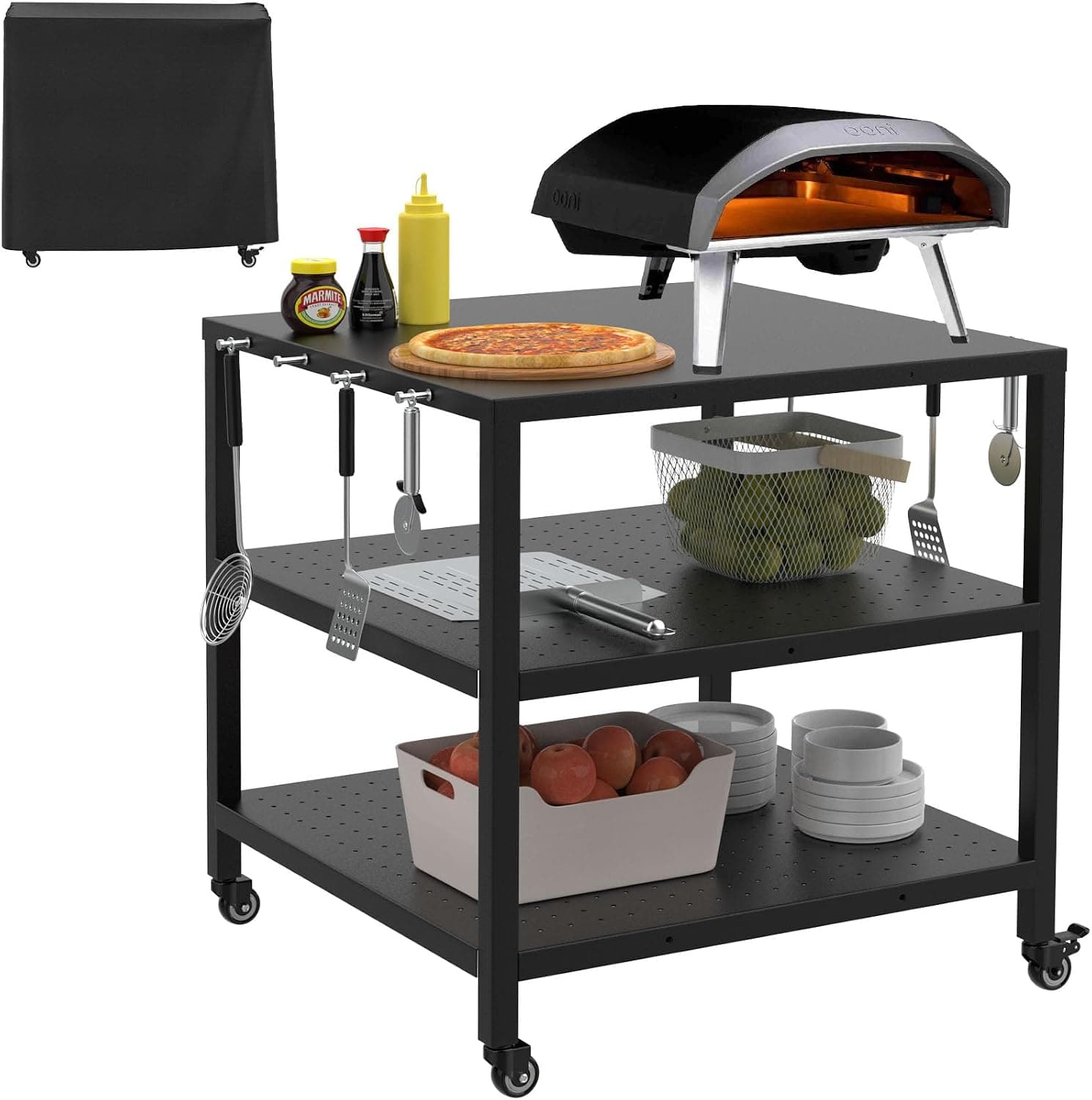 Grilleroy Pizza Oven Table Cart for Ooni/Ninja Woodfire/Blackstone/Cuisinart, Modular Movable Prep Cart with Topping Station
