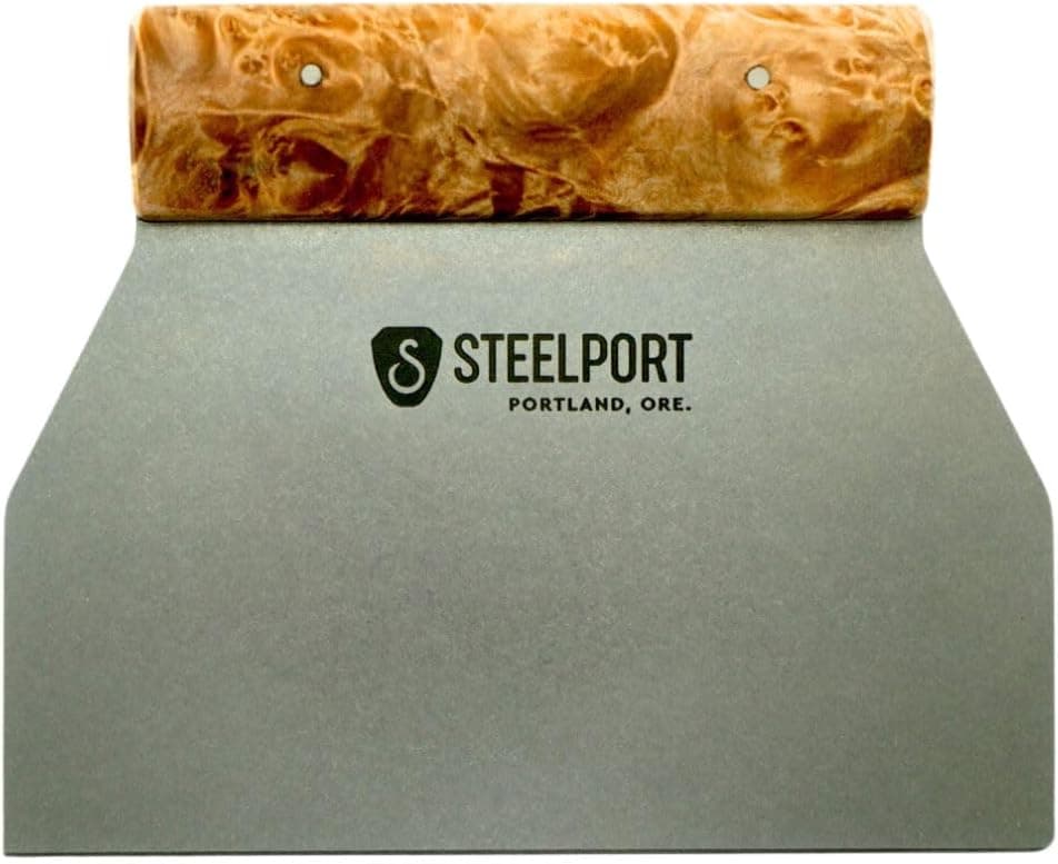 STEELPORT Bench Scraper - Dual Edge Stainless Steel Dough Cutter, USA Made, 18-Gauge Steel Blade, Tapered Maple Burl Handle