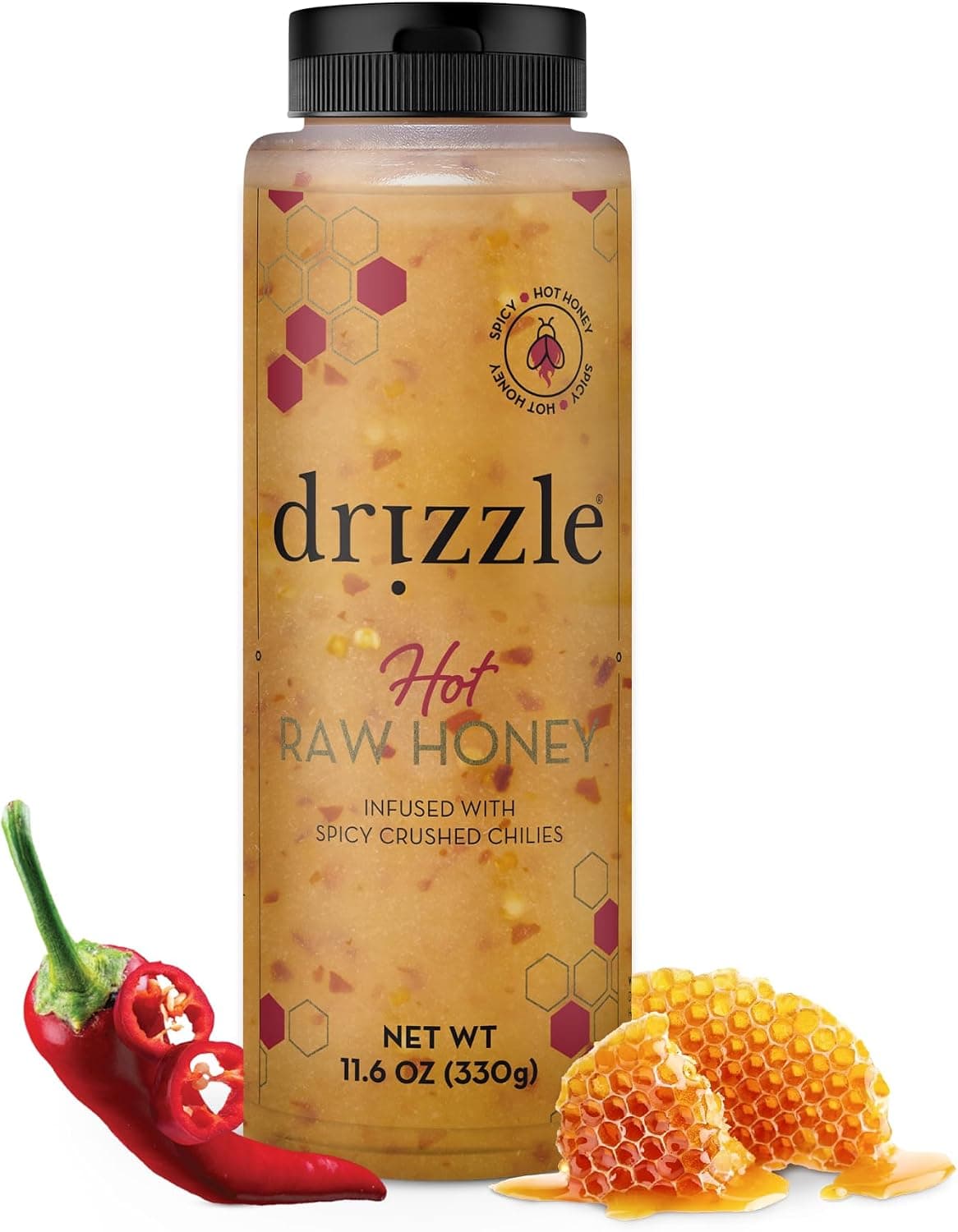 Drizzle Hot Honey - All Natural Raw Spicy Honey Sauce, Infused with Organic Chilies, 11.6 oz
