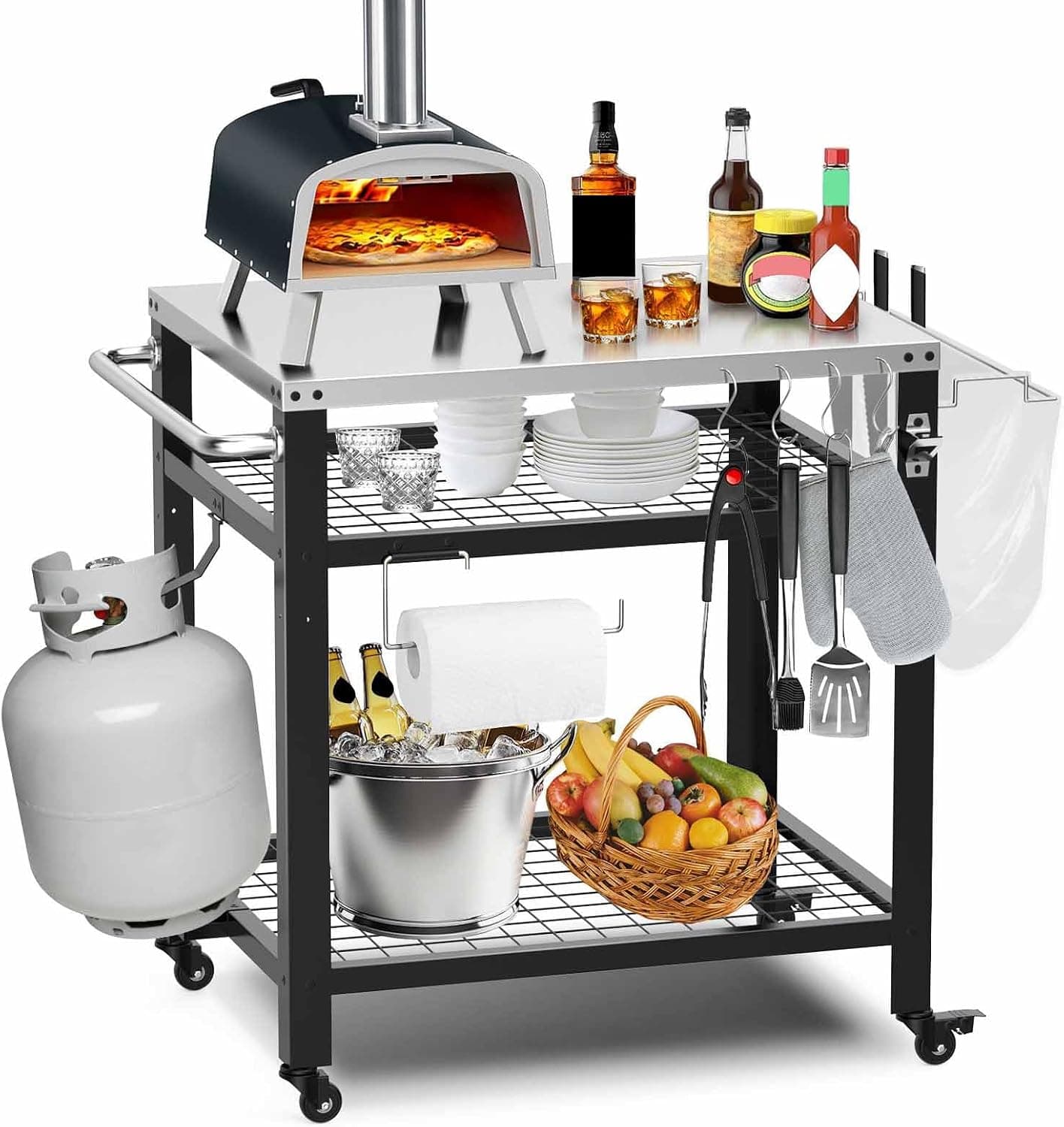 M METERXITY Stainless Steel Pizza Oven Table for Ooni, 650lbs Outdoor Grill Cart with Wheels and Handle, 32x24 Three-Shelf