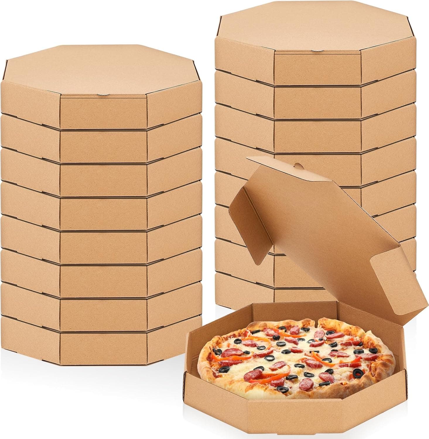 Teenyyou 20 Pack Octagon Pizza Party Box 12" x 12" Cardboard Corrugated Pizza Takeout Boxes Bulk Food Delivery Container for Bakery Restaurant Party (Brown)
