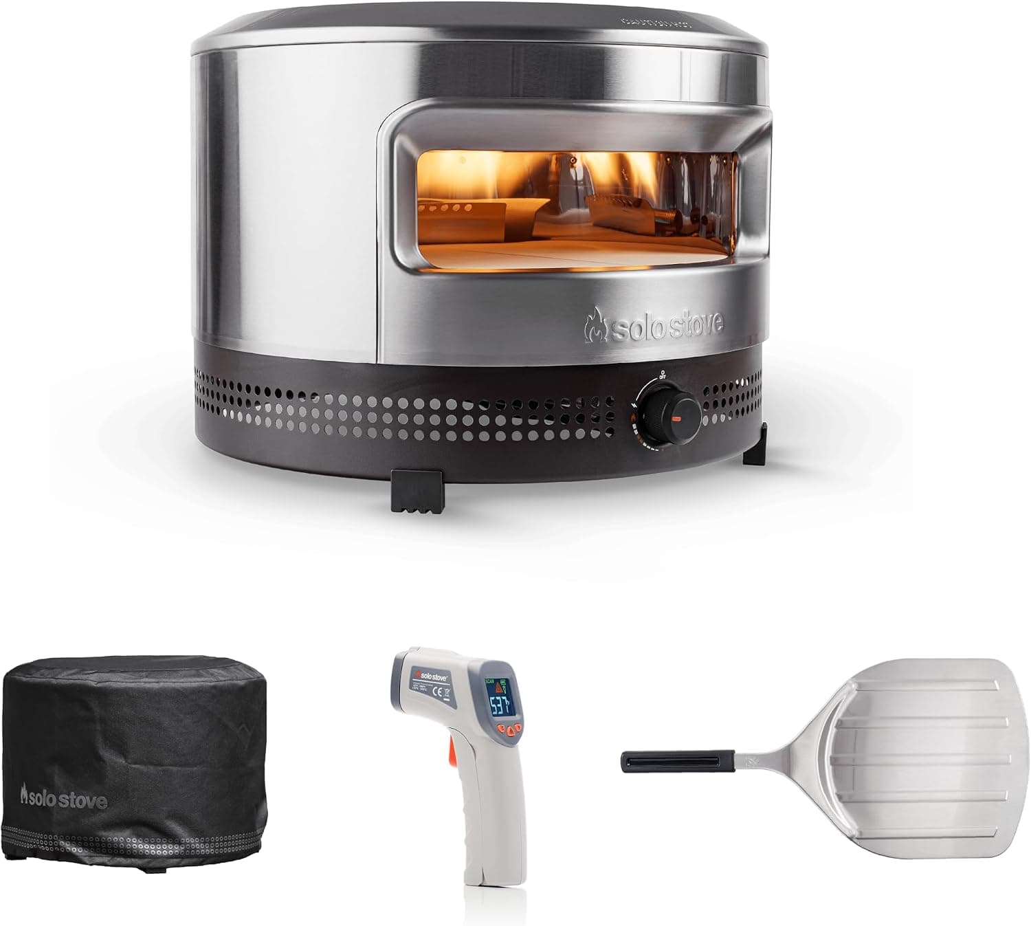 Solo Stove Pi Prime 21" x 16" Stainless Steel Propane Outdoor Pizza Oven Bundle with IR Thermometer, Peel & Shelter