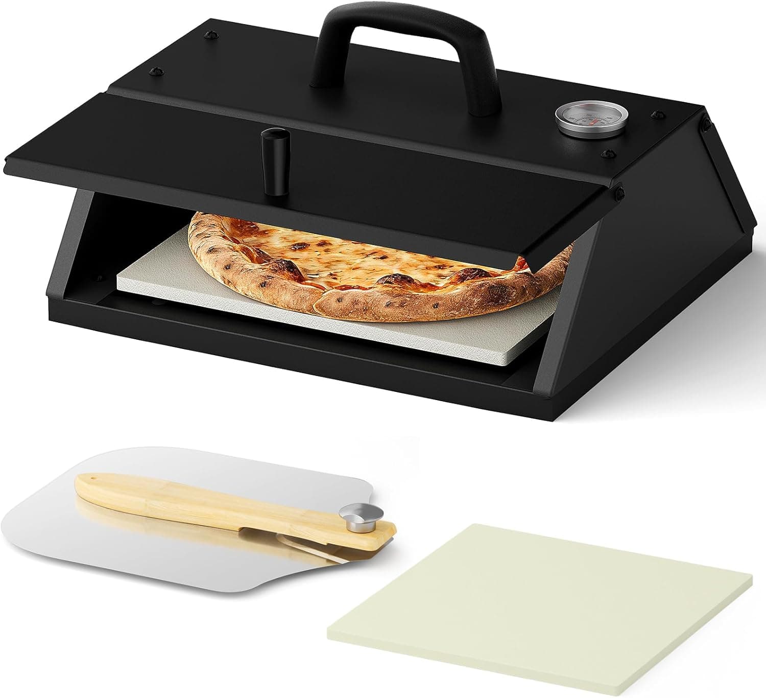 Pizza Oven for Grill, Grill Top Pizza Oven Kit with 12-inch Pizza Stone, Foldable Pizza Peel and Built-in Thermometer, Portable for Gas and Charcoal Grills