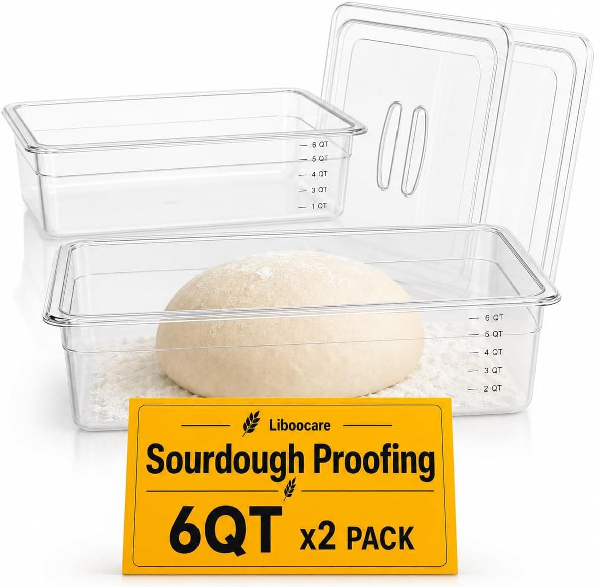 Sourdough Proofing Containers, 2 Pack 6QT Clear Dough Rising Boxes with Lids, Stackable Bulk Fermentation Containers