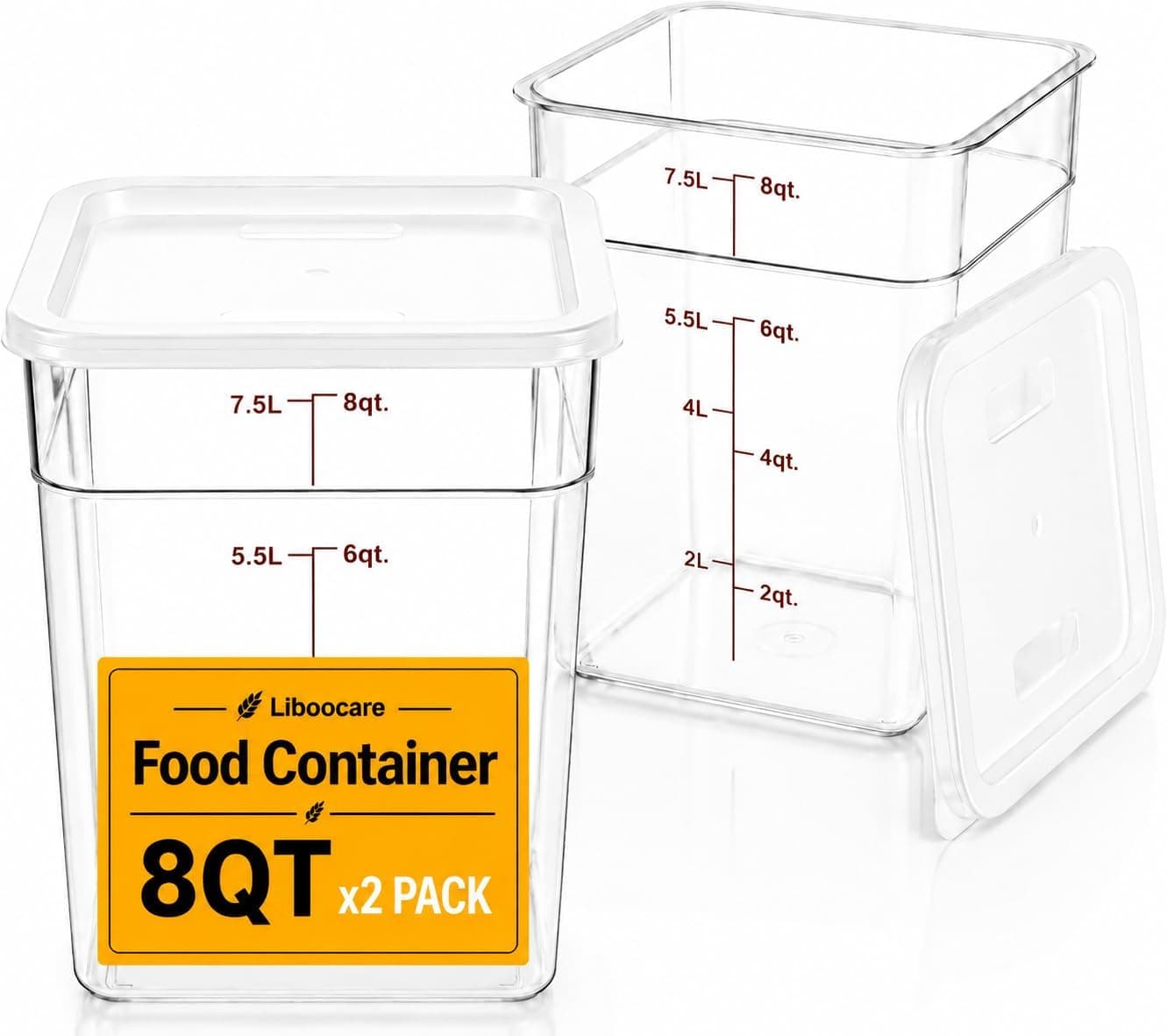 2 Pack Dough Proofing Containers with Lids, 8Qt Clear Polypropylene Food Storage Bucket, BPA-Free Commercial Grade Stackable