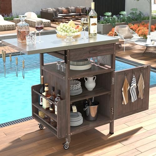 Trygoal Outdoor Grill Cart with Stainless Steel Top, Solid Wood Prep Table | Pizza Oven, Mobile Outdoor Kitchen Island, Drop Leaf, Storage Cabinet, Towel Rack, Spice Holder for Patio BBQ Brown